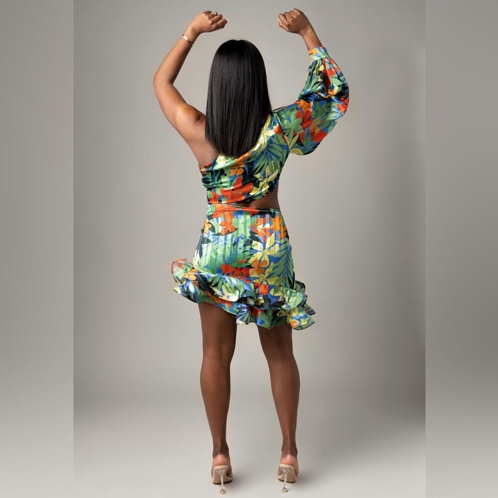 MB Finale Floral One Shoulder Long Balloon Sleeve Mini Dress Women’s Size Large - Picture 3 of 12